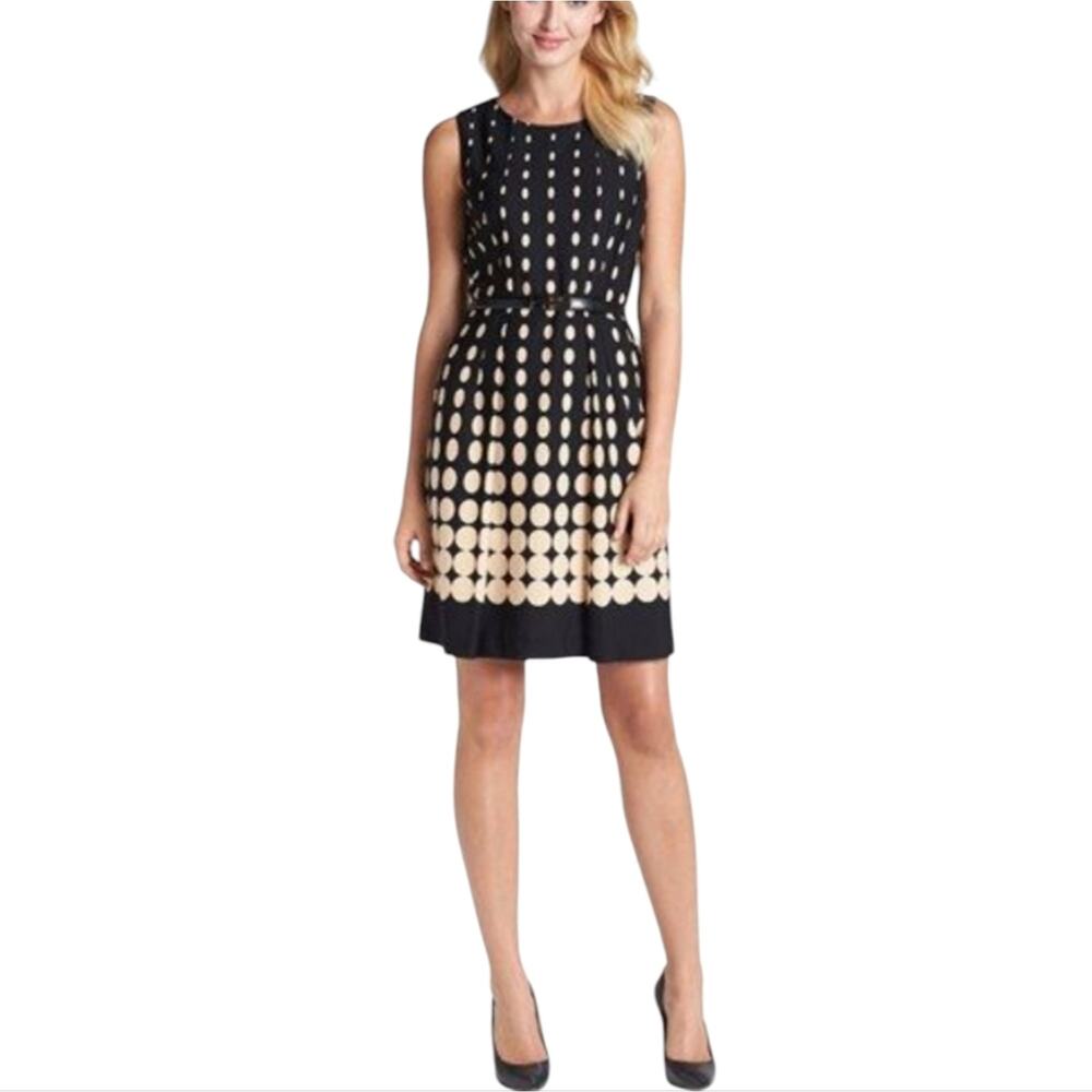 Tahari Black Cream Polka Dot Pleated Sleeveless Sheath Dress size 10
